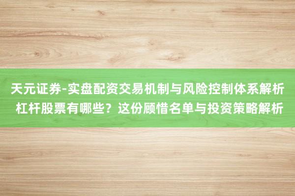 天元证券-实盘配资交易机制与风险控制体系解析 杠杆股票有哪些？这份顾惜名单与投资策略解析